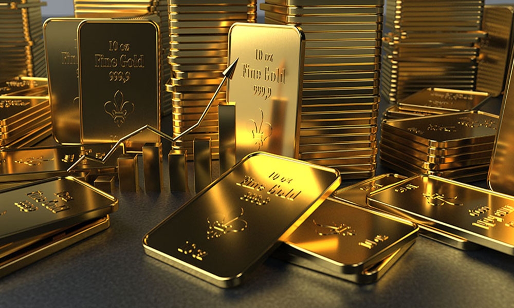 Gold trading image. Gold bars piled to each other with gold color financial graph.