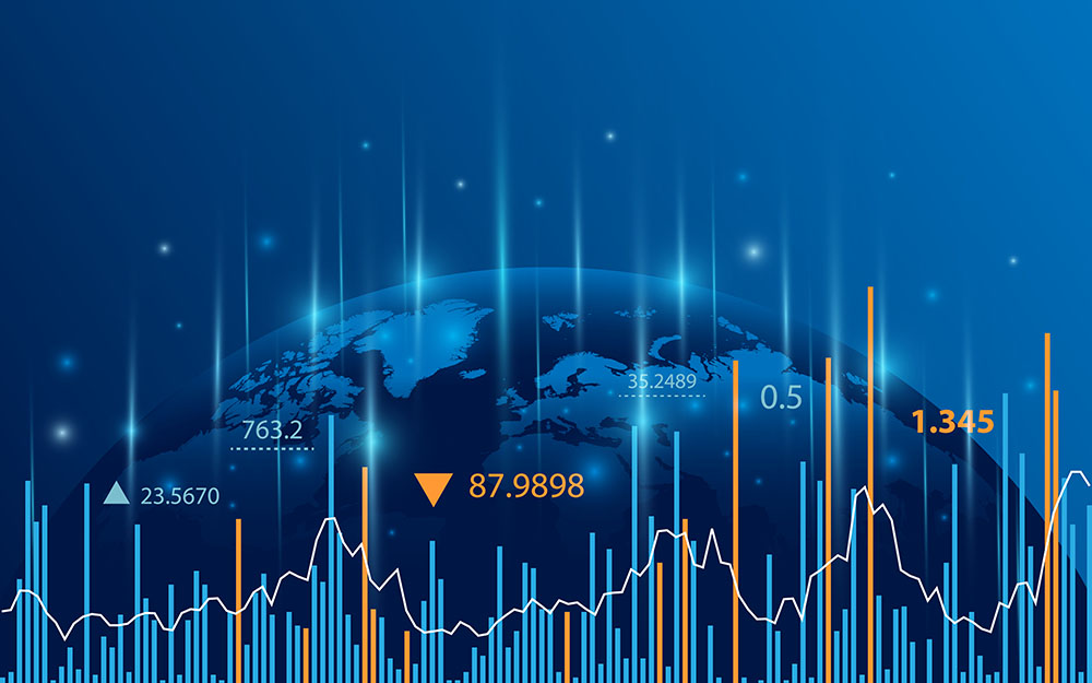 Global financial market image. Half of a globe photo in a dark blue background with financial graphs colored in blue and orange.
