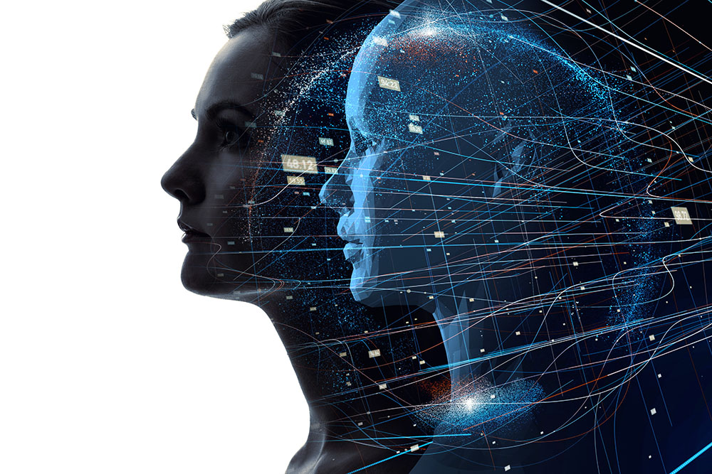 Trading psychology image. Silhouette of a woman behind her is a figure of her brain projected as an AI woman in a white background.