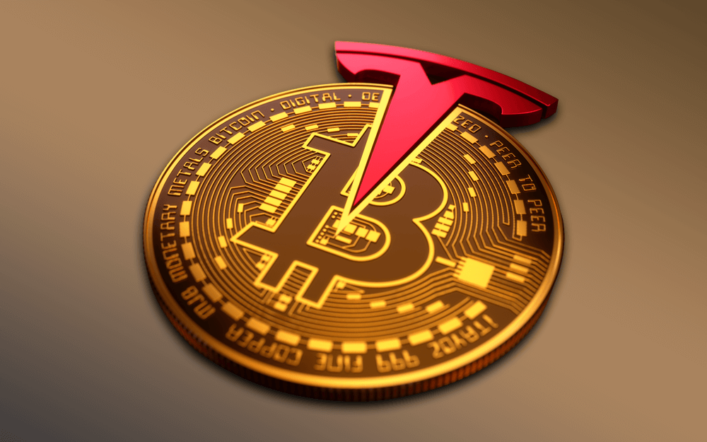 A big Bitcoin sliced by a logo of the pioneer of EVs, Tesla, in a brown background.