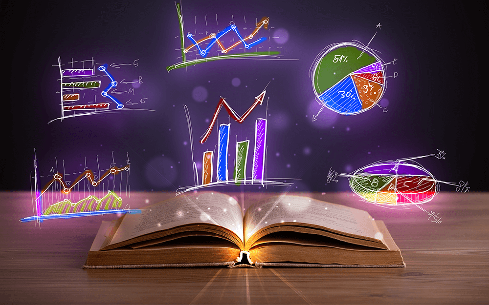 An opened book showing glowing illustrations of different types of market graphs.