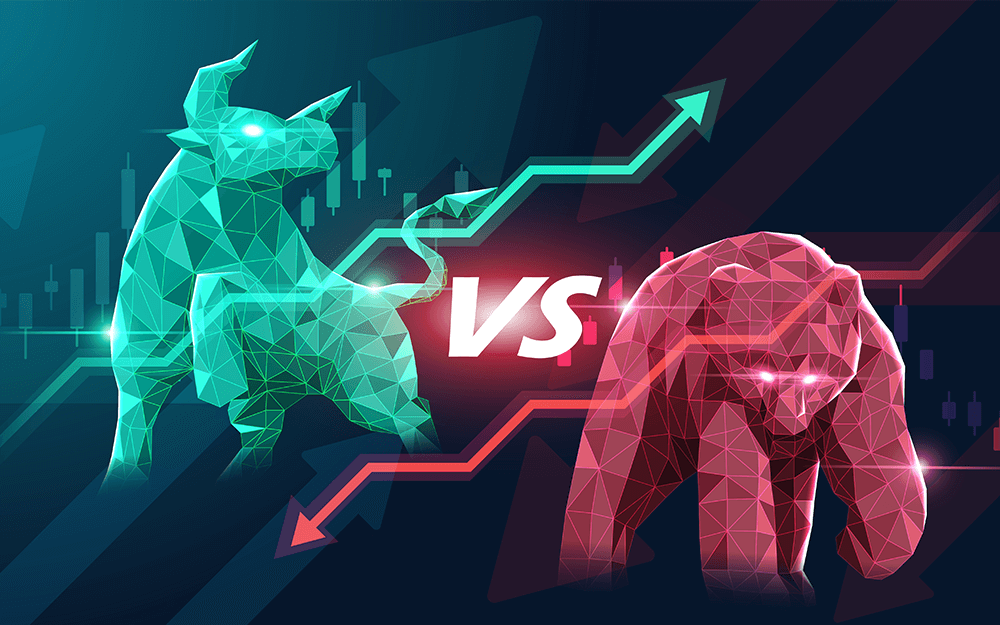 A red colored bear and a green colored bull fighting over the financial market graph trend in a dark background.