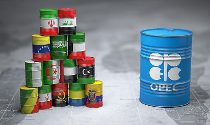 Pile of crude oil barrels from different country suppliers and a big barrel with OPEC logo.