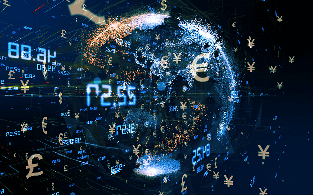 The world surrounded with different currency symbol and prices in a dark background.