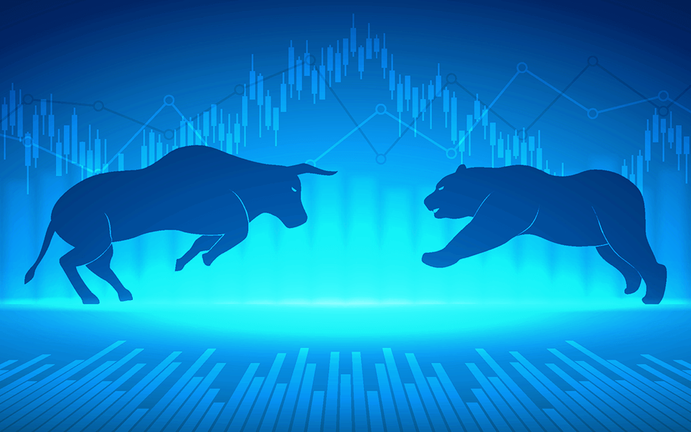 A bear and a bull fighting over the financial market graph trend in a blue background.