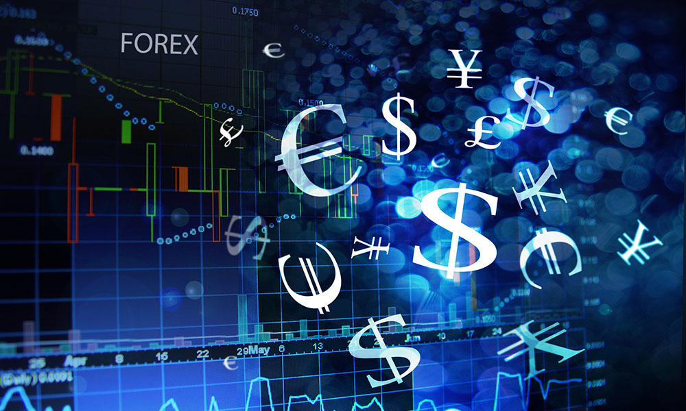 Forex trading image. Dark blue background with all the currencies in the world such as U.S. dollars, Euro, Yen, GBP, etc.