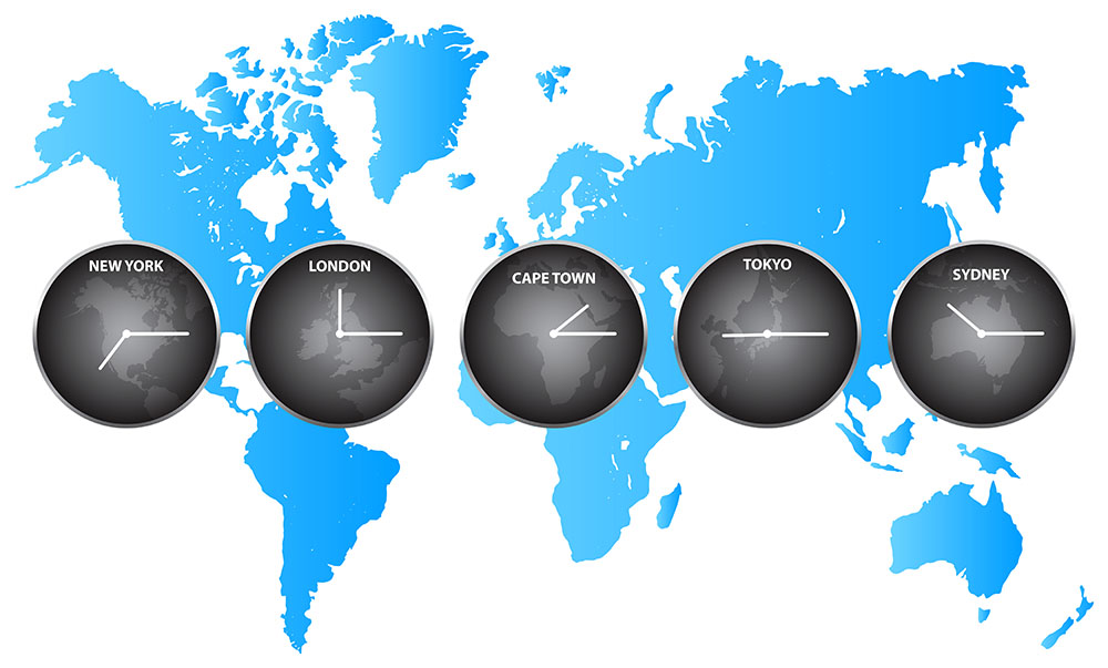 Forex Market is available for trading 24/5. 5 clocks — New York, London, Cape Town, Tokyo, and Sydney. Behind them is a world map colored in blue.