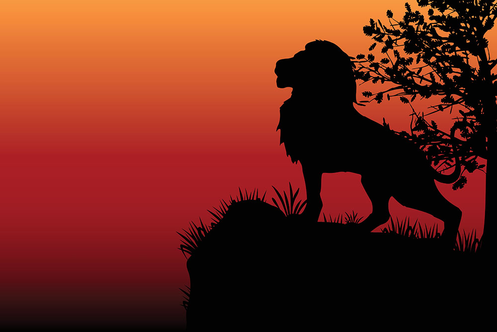 Forex market compared to a Lion. Lion being the king of the jungle and Forex being the king of the financial markets. Silhouette of a Lion standing behind a tree on a plateau during sunset.